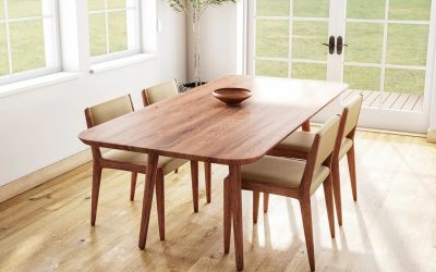 Dark wood sustainable dining table and chairs
